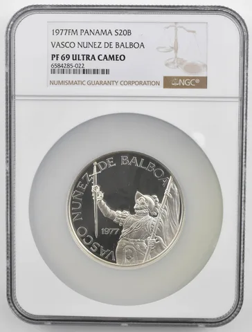 1977 FM Panama 20 Balboas Vasco Nunez De Balboa Silver PF69 NGC Brown Lbl