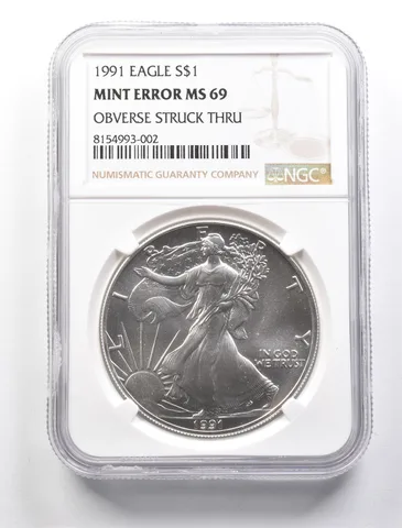 1991 American Silver Eagle Mint Error MS69 Obverse Struck Thru NGC a2649