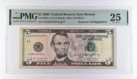 2009 $5 Boston MA FRN Repeater S/N Fr#1995-A VF 25 PMG *9453