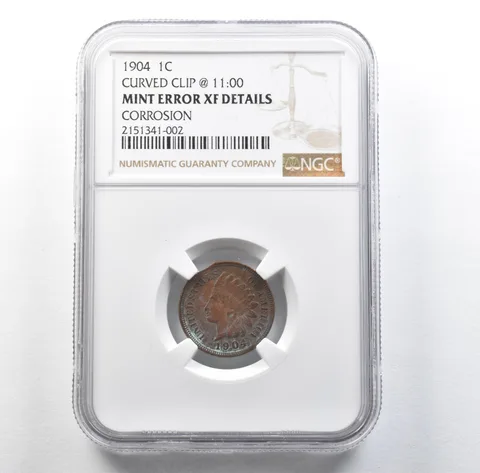1904 Indian Head Cent Mint Error Curved Clip @ 11:00 XF Details NGC *3122