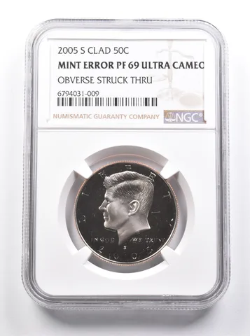 PF69 UCAM 2005-S CLAD Kennedy Half Dollar Mint Error OBV Struck Thru NGC a7479