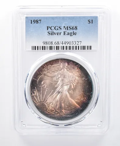1987 American Silver Eagle MS68 PCGS Blue/Purple Tone *8591