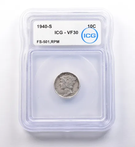 1940-S Mercury Dime FS-501 RPM VF30 ICG *9728
