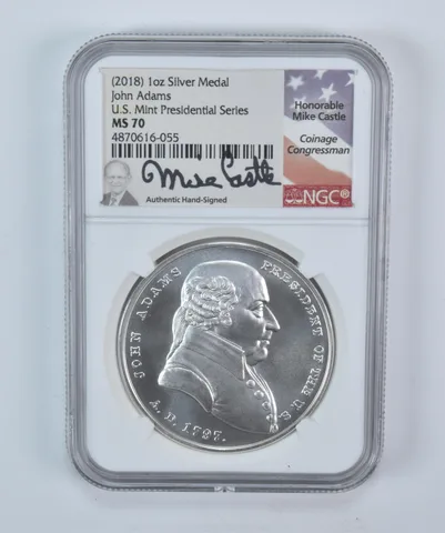 (2018) 1 Oz Silver Presidential Medal John Adams Mike Castle MS70 NGC a5716
