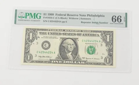 Gem UNC 66 EPQ 1999 $1 FRN FR#1924-C Repeater Serial Number - PMG a6592