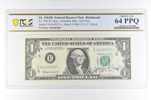 1963 B $1 VA FRN Star Note Courtesy Autograph Fr#1902-E* 64 PPQ PCGS *7313
