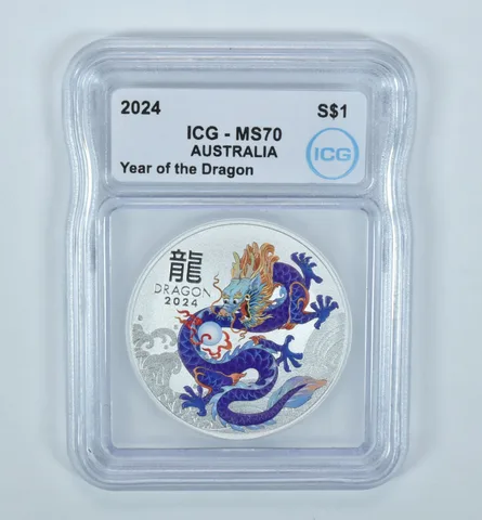 2024 Australia Silver Dollar Year Of The Dragon Purple Colorized MS70 ICG