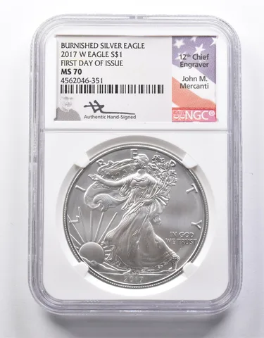 MS70 2017-W Burnished Silver Eagle FDOI Mercanti Signed NGC a8658