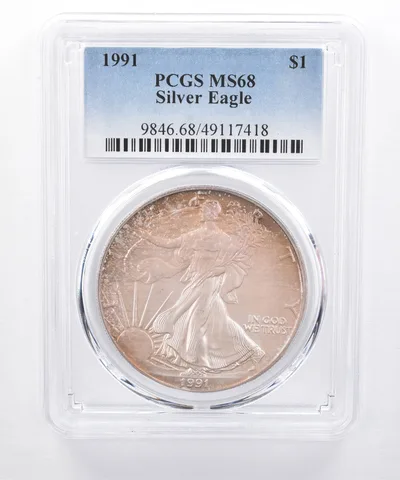 1991 American Silver Eagle MS68 PCGS Iridescent Tone *8488