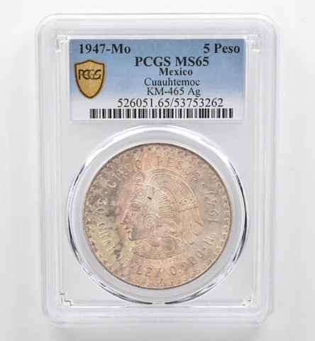 1947 Mo Mexico 5 Pesos Silver Cuauhtemoc KM-465 MS65 PCGS Beautiful Tone *9563
