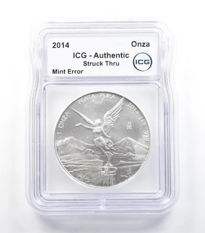 2014 Mo Mexico 1 Onza Silver Libertad Mint Error Struck Thru Authentic ICG *5048