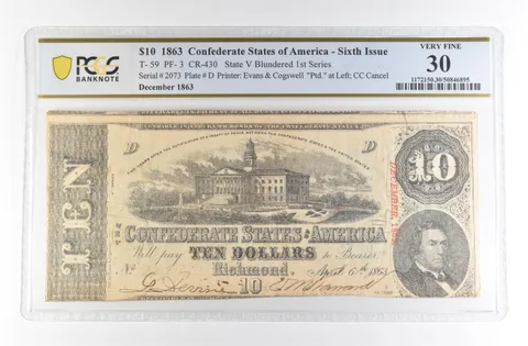 1863 $10 Confederate States America Large Note T-59 PF-3 CR-430 VF 30 PCGS *4162