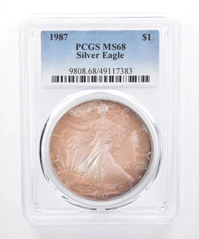 1987 American Silver Eagle MS68 PCGS Purple/Orange Tone *8484