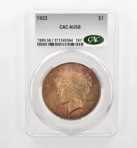 1922 Peace Silver Dollar AU58 CAC CACg Beautiful Tone *0493