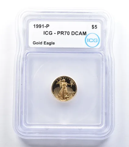 1991-P $5 American Gold Eagle 1/10 Oz Gold PR70 DCAM ICG