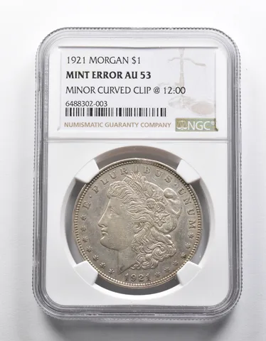 Mint Error AU53 1921 Morgan Silver Dollar Minor Curved Clip @12:00 NGC *1968