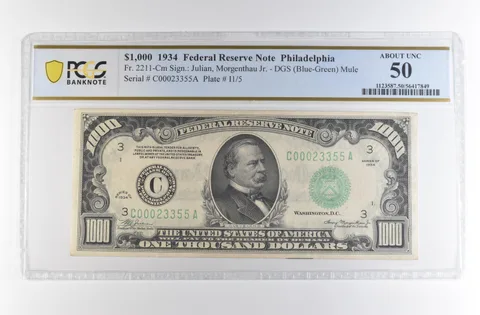 1934 $1000 Philadelphia PA FRN Fr#2211-Cm Mule Blue-Green AU 50 PCGS *4224