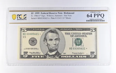 1999 $5 Richmond VA FRN Star Note Fr#1986-E* Choice Unc 64 PPQ PCGS *8308