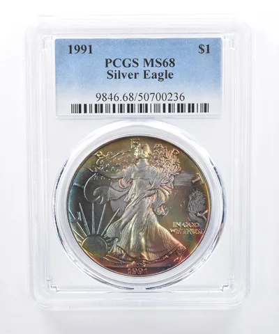 1991 American Silver Eagle MS68 PCGS Rainbow Tone *8435