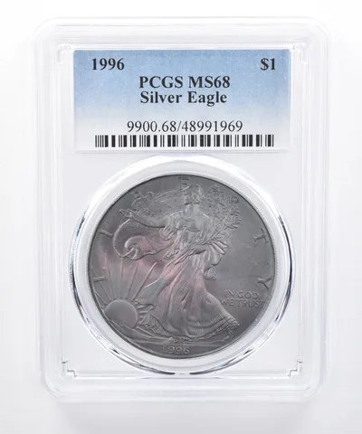 1996 American Silver Eagle MS68 PCGS Purple/Green Tone *8513