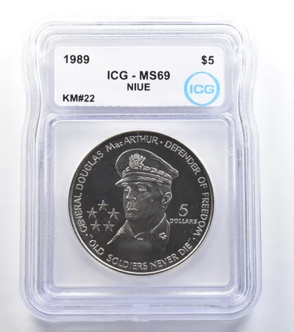 1989 Niue 5 Dollars Douglas MacArthur KM#22 MS69 ICG *7968