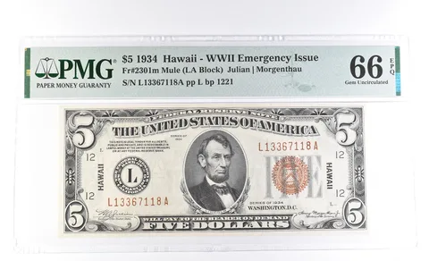 1934 $5 Hawaii WWII Emergency Issue Fr#2301m Mule Gem Unc 66 EPQ PMG *0943