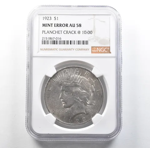 1923 Peace Silver Dollar Mint Error Planchet Crack @ 10:00 AU58 NGC *3170