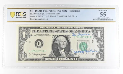 1963 B $1 Richmond VA FRN Courtesy Autograph FR#1902-E AU55 PCGS Barr *0620