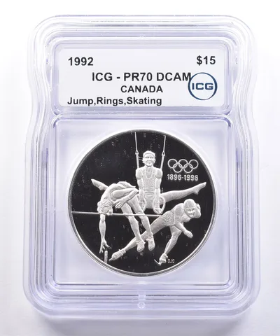 1992 Canada 15 Dollars Olympics Jump Rings Skating PR70 DCAM ICG