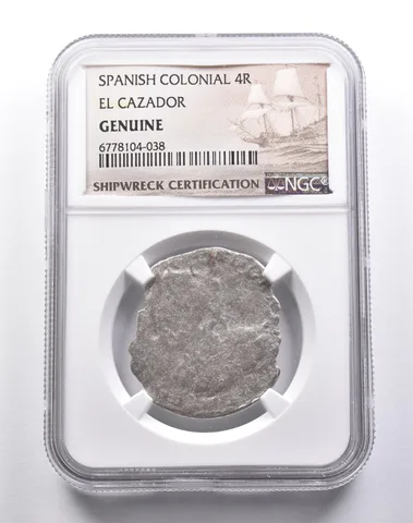 Genuine El Cazador Spanish Colonial 4 Reales NGC Shipwreck Certification *3750