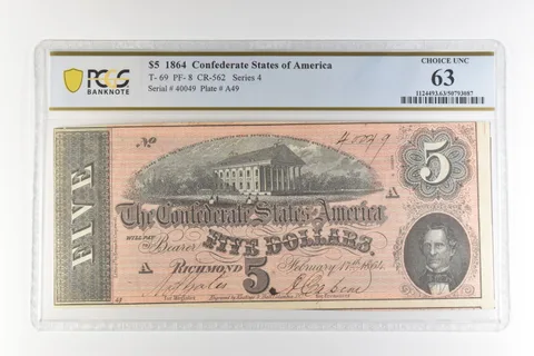 1864 $5 Confederate States America T-69 PF-8 CR-562 Choice Unc 63 PCGS *4407