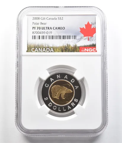 2008 Canada 2 Dollars Silver Gilt Polar Bear PF70 UCAM NGC Canada Label