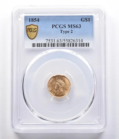 1854 $1 Indian Princess Head Gold Dollar Piece Type 2 MS63 PCGS *2332