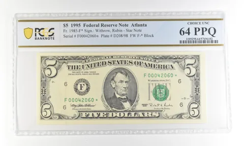 1995 $5 FRN Atlanta GA Fr#1985-F* Star Error Choice Unc 64 PPQ PCGS *4234