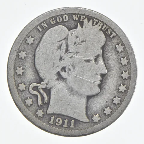 1911-S Barber Quarter 90% Silver VG Condition