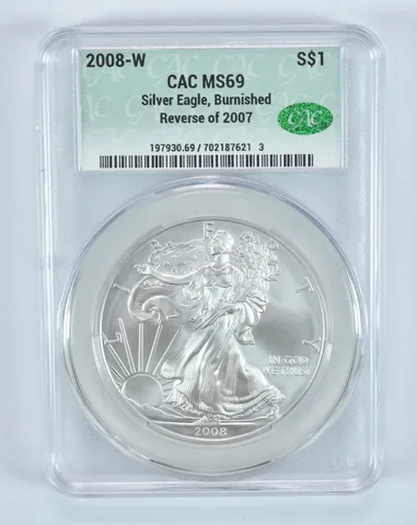 2008-W Reverse Of 2007 Burnished Silver Eagle MS69 CAC CACg