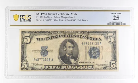 1934 $5 Silver Certificate Mule Fr#1650m Very Fine 25 PCGS a2833