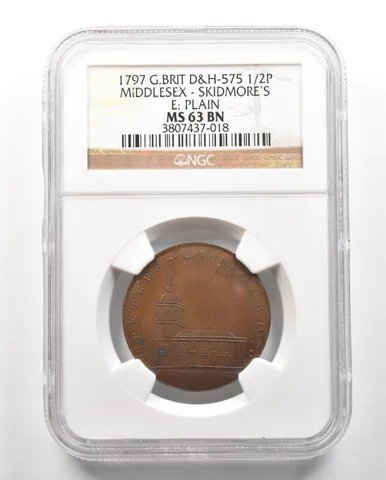 1797 G. Britain D&H-575 1/2 Penny Middlesex-Skidmores E: Plain MS63 BN NGC a4730