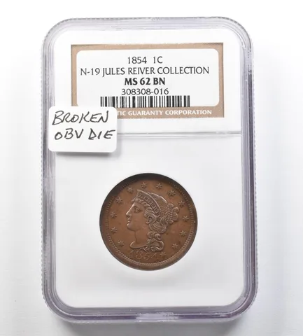 1854 Braided Hair Large Cent N-19 Jules Reiver MS62 BN NGC Broken Obv Die a3444