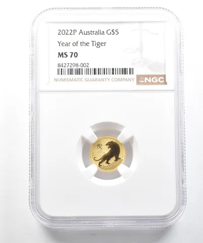 2022 P Australia 5 Dollars Gold Year Of The Tiger 1/20 Oz MS70 NGC *2491