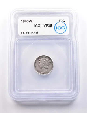 1943-S Mercury Dime FS-501 RPM VF35 ICG *9824