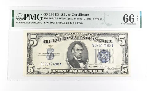 PMG 66 Gem Unc EPQ 1934 D $5 Silver Certificate Blue Seal Fr#1654Wi *1077