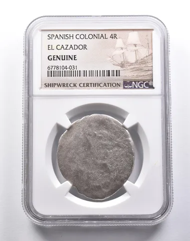 Genuine El Cazador Spanish Colonial 4 Reales NGC Shipwreck Certification *3751