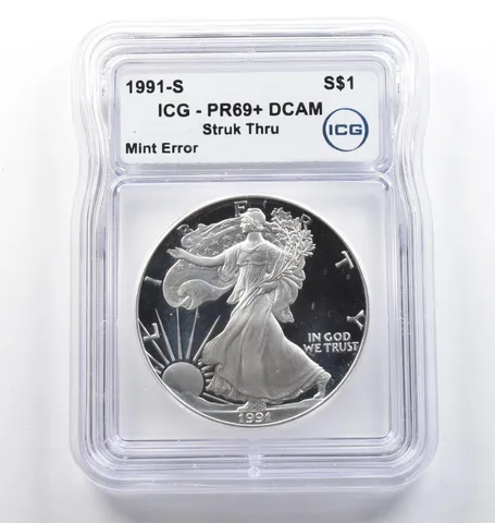 1991-S American Silver Eagle Mint Error Struck Thru PR69+ DCAM ICG *5782