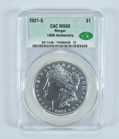 2021-S Morgan Silver Dollar MS69 CAC CACg 100th Anniversary