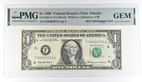 1999 $1 Atlanta GA FRN Fr#1925-F BEP Millennium PMG Fancy Serial *8097
