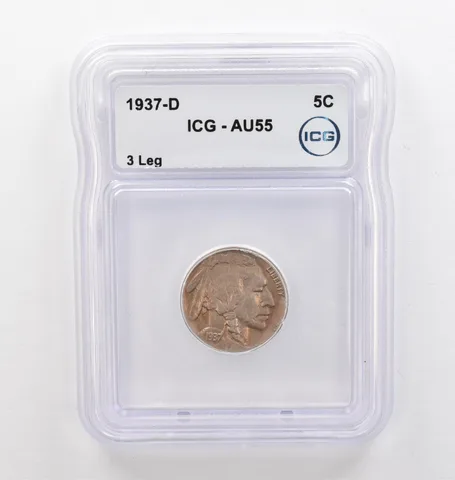 1937-D Indian Head Buffalo Nickel 3 Leg AU55 ICG Beautiful Tone *9774