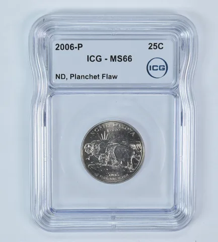 2006-P State Quarter North Dakota Mint Error Planchet Flaw MS66 ICG