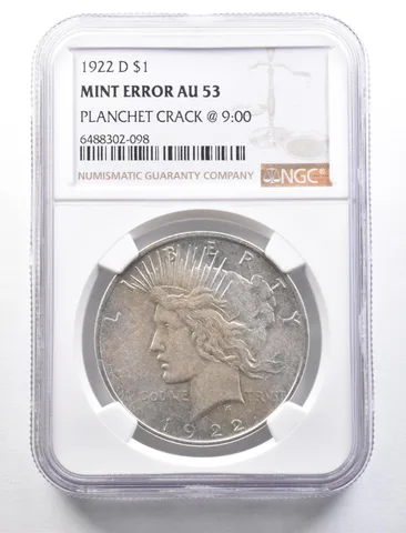 1922-D Peace Silver Dollar Mint Error Planchet Crack @ 9:00 AU53 NGC *4646