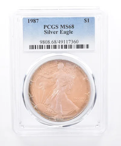 1987 American Silver Eagle MS68 PCGS Purple Iridescent Tone *8419